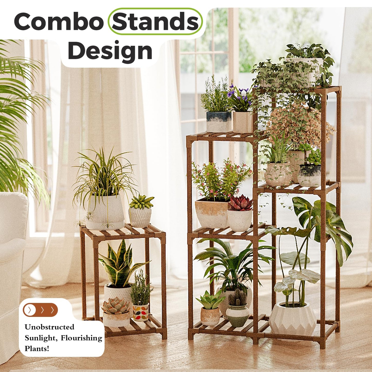 Bamworld Plant Stand with Wheels for Indoor Plants Wood Outdoor Tiered Shelf 3 Tire 7 Potted Ladder Plant Holder Table Pot Stand for Window Garden Balcony Patio Living Room (natureDL)