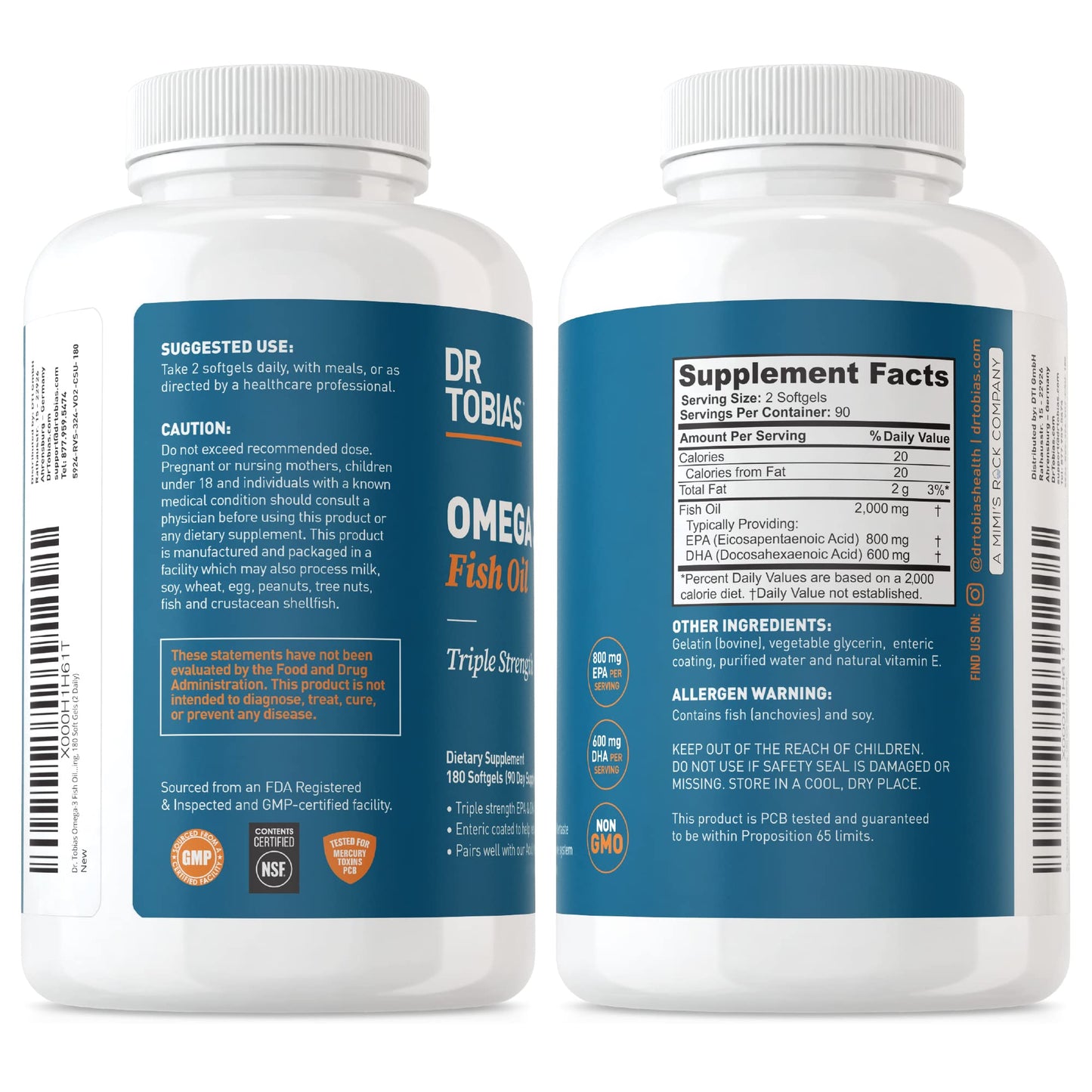 Dr. Tobias Omega 3 Fish Oil, 2000mg Triple Strength Omega 3 Supplement with 800mg EPA 600mg DHA Per Serving, Fish Oil Omega 3 Supplements for Heart, Brain & Immune Support, 60 Softgels, 30 Servings