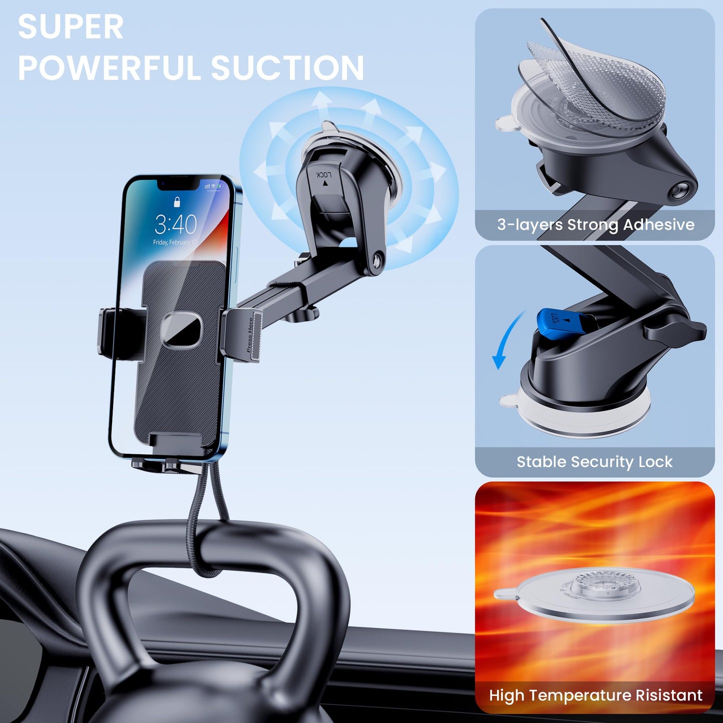 Phone Holder Car Mount for iPhone [Powerful Suction] Phone Mount for Car Dashboard Windshield Air Vent Universal Accessories [Thick Cases Friendly] Automobile Phone Holder Fit iPhone Smartphone