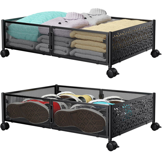 Under Bed Storage, Under the Bed Storage Containers with Wheels, Under Bed Shoe Storage Organizer Drawer, Tool-free Assembly Metal Underbed Storage Containers for Bedroom Clothes Shoes Blankets -2Pack