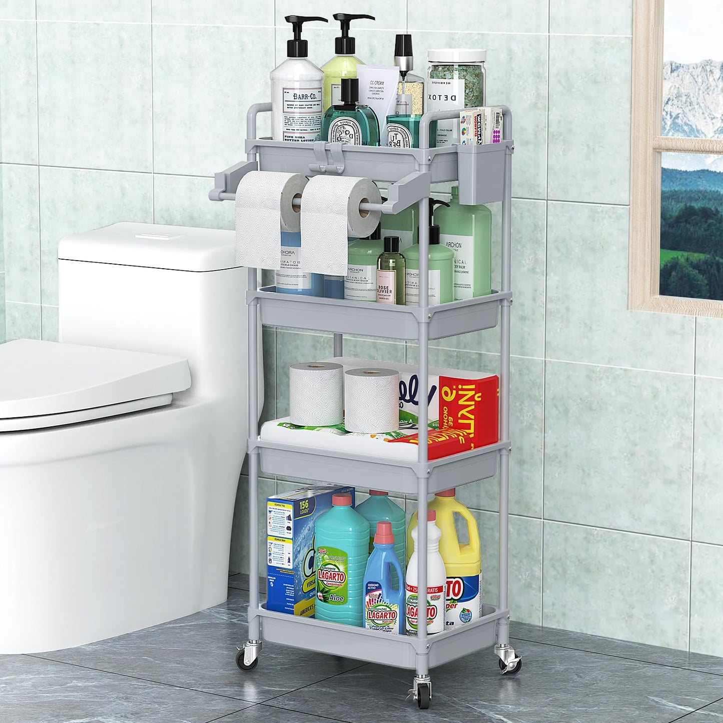 SPACEKEEPER Rolling Storage Cart, 3 Tier Utility Cart Laundry Room Organization Mobile Shelving Unit Bathroom Organizer with Towel Rack, Lockable Wheel, Hooks & Cup for Kitchen Office, Black