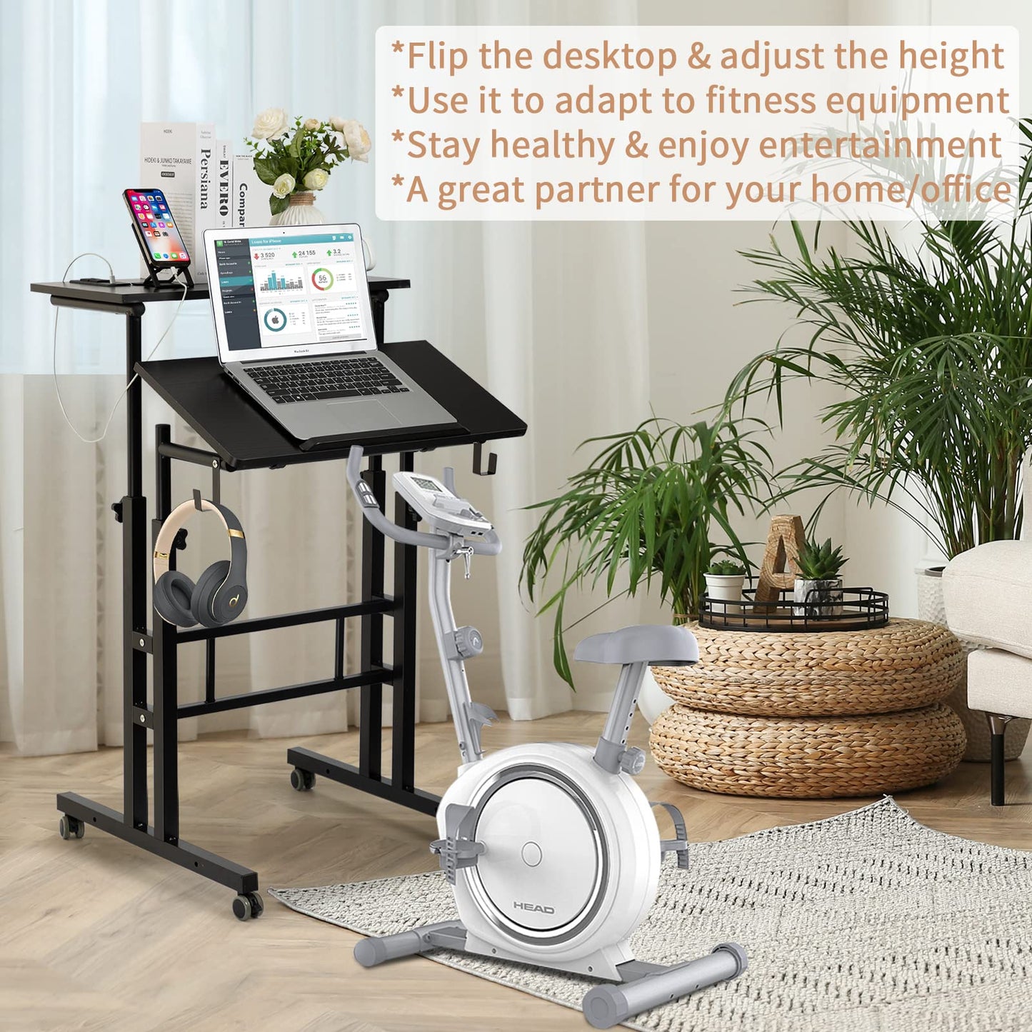 SIDUCAL Mobile Standing Desk, Portable Stand Up Desk, Small Adjustable Standing Desk Converter with Wheels Home Office Workstation, Rolling Desk Laptop Cart for Standing or Sitting, Black