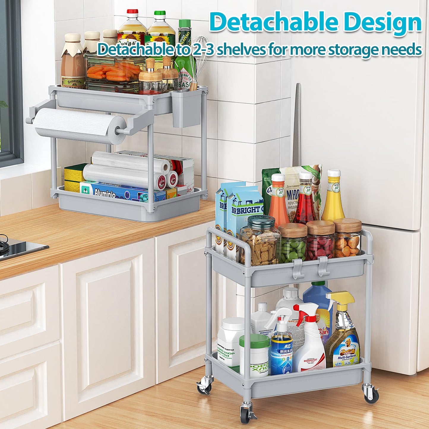SPACEKEEPER Rolling Storage Cart, 3 Tier Utility Cart Laundry Room Organization Mobile Shelving Unit Bathroom Organizer with Towel Rack, Lockable Wheel, Hooks & Cup for Kitchen Office, Black