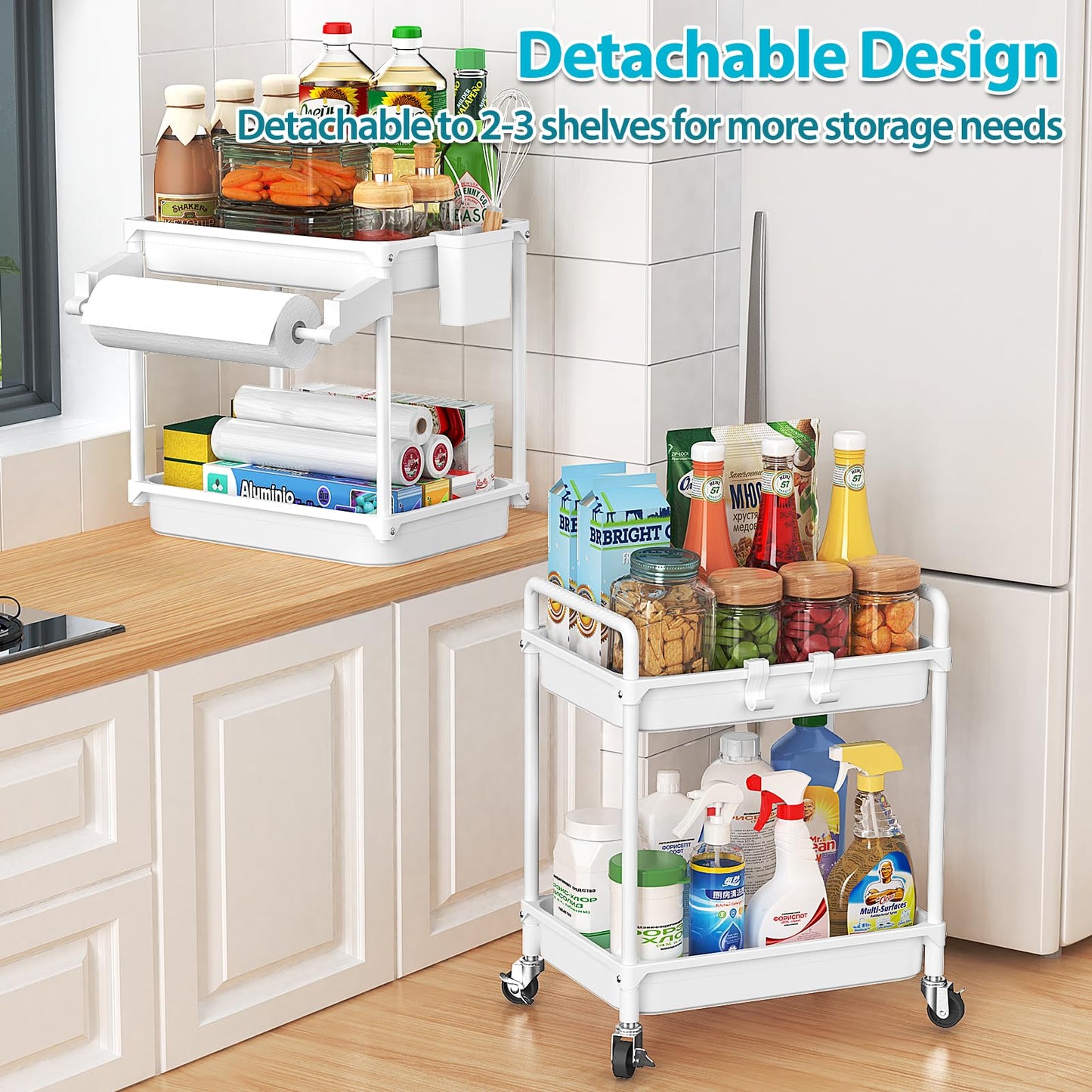 SPACEKEEPER Rolling Storage Cart, 3 Tier Utility Cart Laundry Room Organization Mobile Shelving Unit Bathroom Organizer with Towel Rack, Lockable Wheel, Hooks & Cup for Kitchen Office, Black