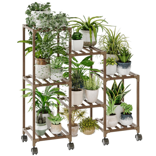 Bamworld Plant Stand with Wheels for Indoor Plants Wood Outdoor Tiered Shelf 3 Tire 7 Potted Ladder Plant Holder Table Pot Stand for Window Garden Balcony Patio Living Room (natureDL)