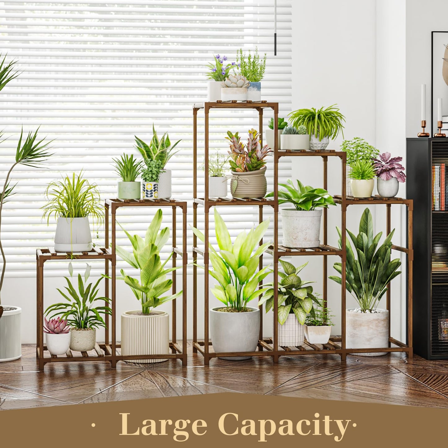 Bamworld Plant Stand with Wheels for Indoor Plants Wood Outdoor Tiered Shelf 3 Tire 7 Potted Ladder Plant Holder Table Pot Stand for Window Garden Balcony Patio Living Room (natureDL)