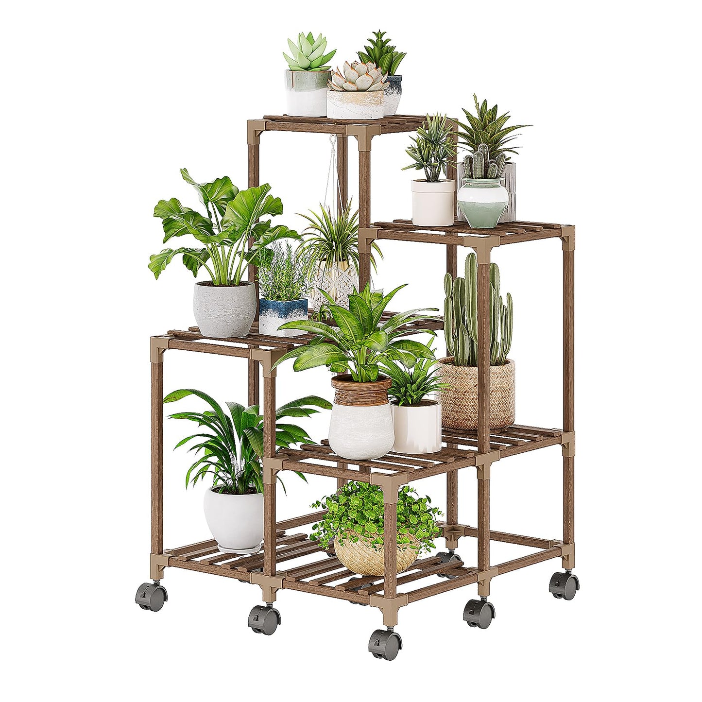 Bamworld Plant Stand with Wheels for Indoor Plants Wood Outdoor Tiered Shelf 3 Tire 7 Potted Ladder Plant Holder Table Pot Stand for Window Garden Balcony Patio Living Room (natureDL)