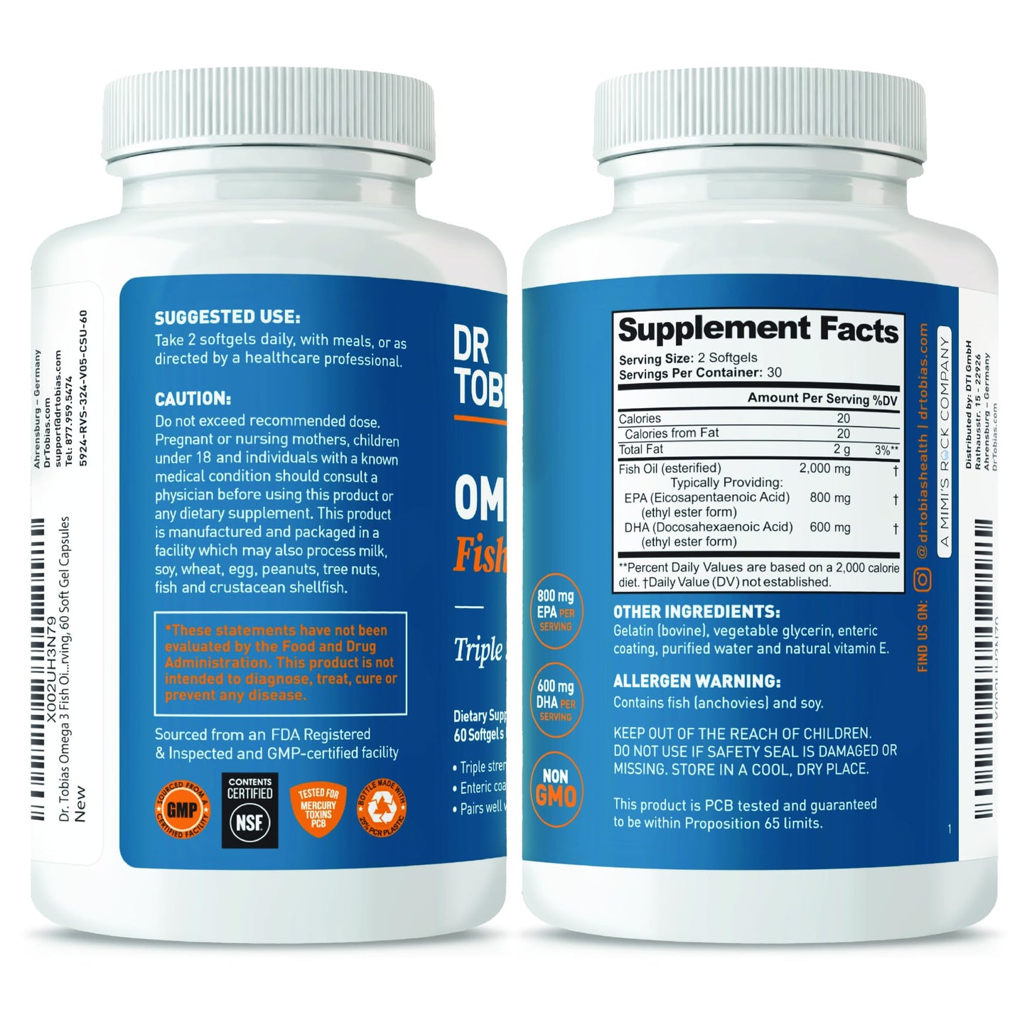 Dr. Tobias Omega 3 Fish Oil, 2000mg Triple Strength Omega 3 Supplement with 800mg EPA 600mg DHA Per Serving, Fish Oil Omega 3 Supplements for Heart, Brain & Immune Support, 60 Softgels, 30 Servings