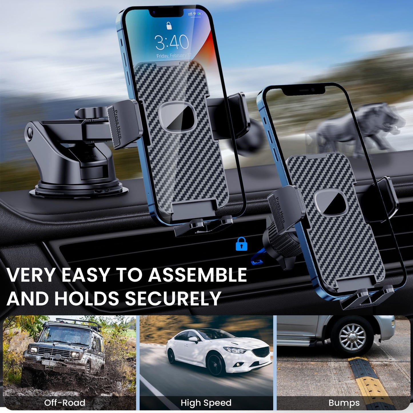 Phone Holder Car Mount for iPhone [Powerful Suction] Phone Mount for Car Dashboard Windshield Air Vent Universal Accessories [Thick Cases Friendly] Automobile Phone Holder Fit iPhone Smartphone