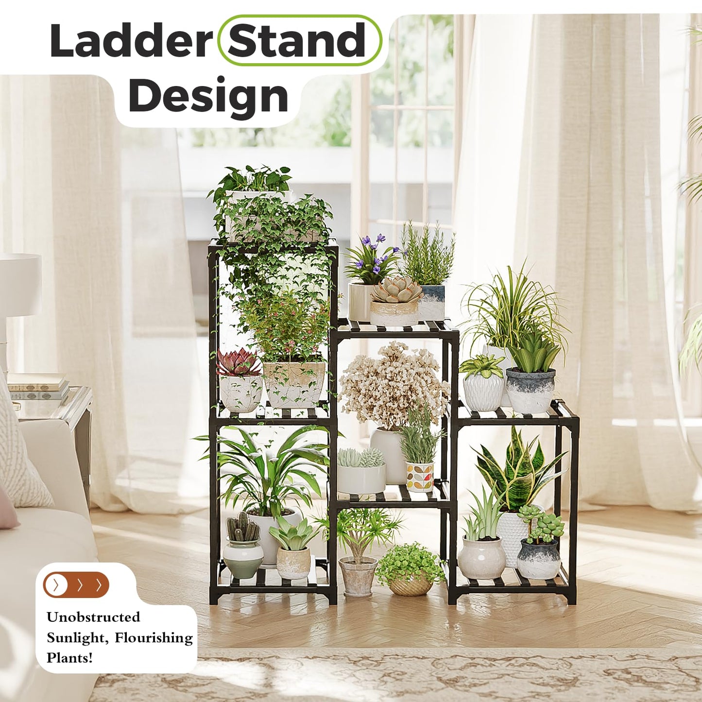 Bamworld Plant Stand with Wheels for Indoor Plants Wood Outdoor Tiered Shelf 3 Tire 7 Potted Ladder Plant Holder Table Pot Stand for Window Garden Balcony Patio Living Room (natureDL)