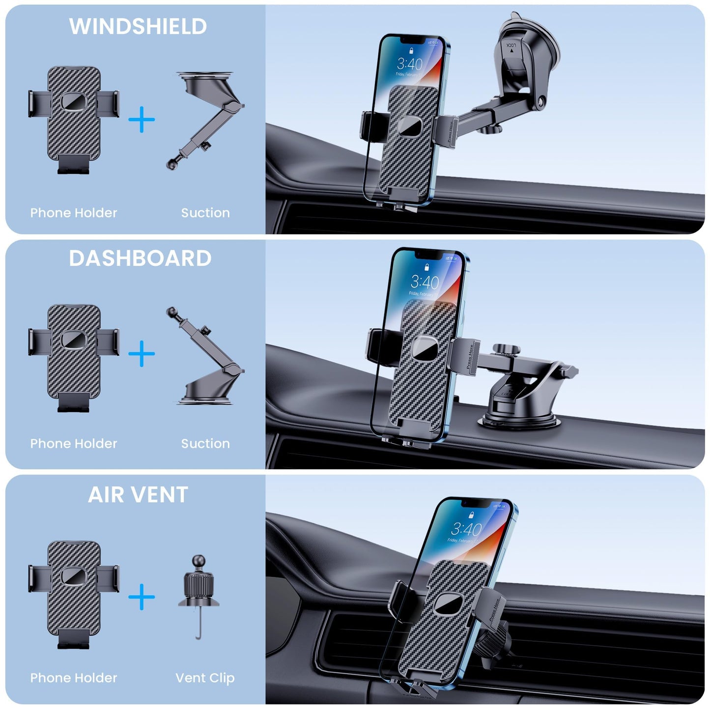 Phone Holder Car Mount for iPhone [Powerful Suction] Phone Mount for Car Dashboard Windshield Air Vent Universal Accessories [Thick Cases Friendly] Automobile Phone Holder Fit iPhone Smartphone