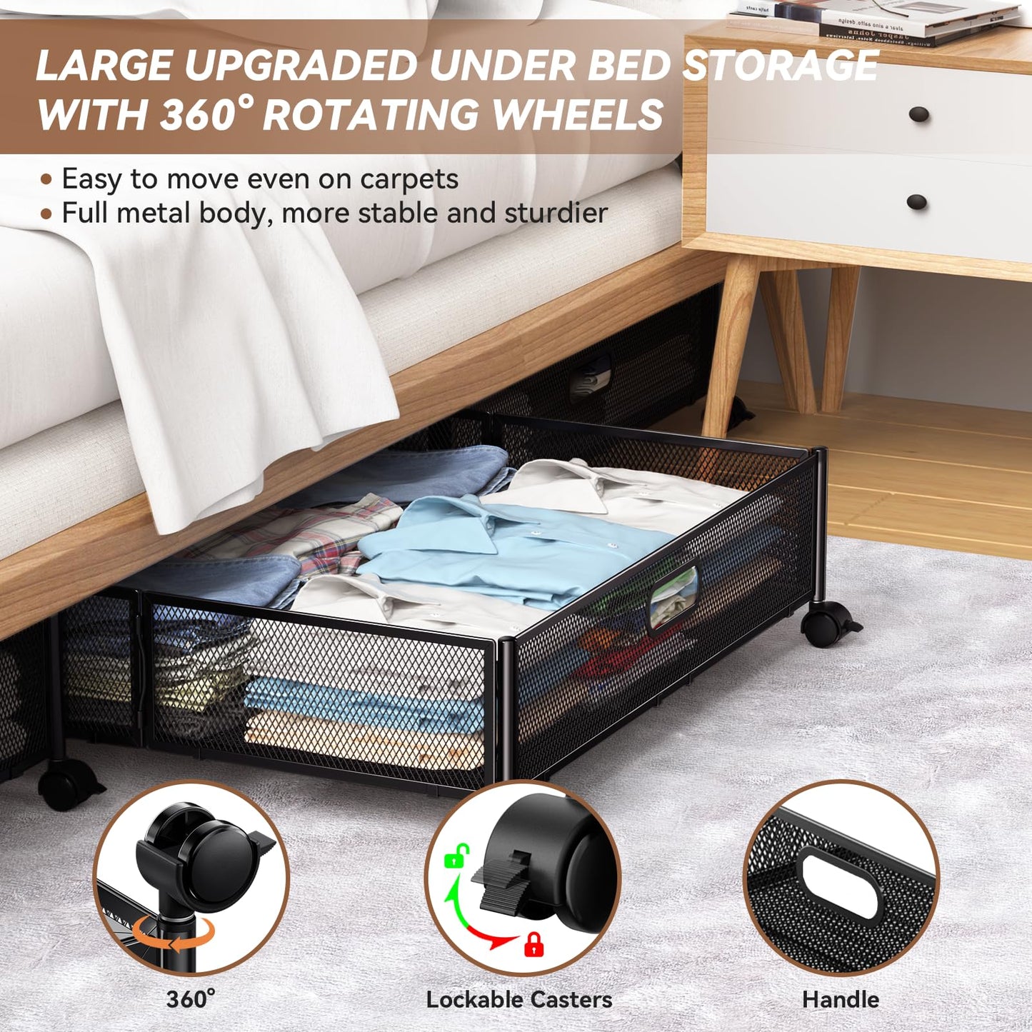 Under Bed Storage, Under the Bed Storage Containers with Wheels, Under Bed Shoe Storage Organizer Drawer, Tool-free Assembly Metal Underbed Storage Containers for Bedroom Clothes Shoes Blankets -2Pack