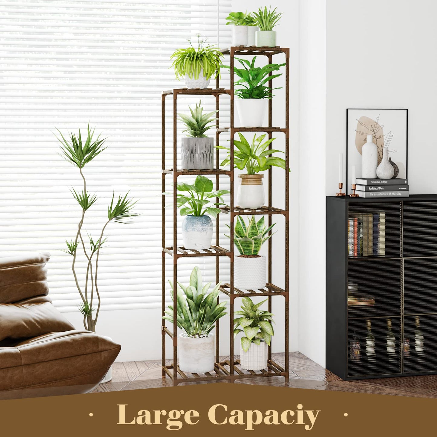 Bamworld Plant Stand with Wheels for Indoor Plants Wood Outdoor Tiered Shelf 3 Tire 7 Potted Ladder Plant Holder Table Pot Stand for Window Garden Balcony Patio Living Room (natureDL)