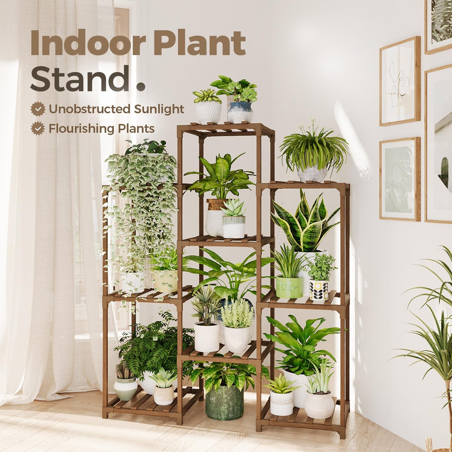 Bamworld Plant Stand with Wheels for Indoor Plants Wood Outdoor Tiered Shelf 3 Tire 7 Potted Ladder Plant Holder Table Pot Stand for Window Garden Balcony Patio Living Room (natureDL)