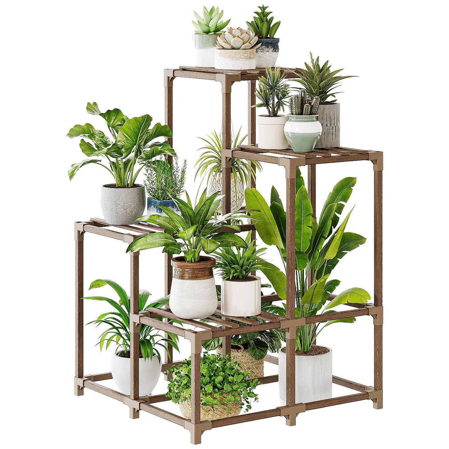 Bamworld Plant Stand with Wheels for Indoor Plants Wood Outdoor Tiered Shelf 3 Tire 7 Potted Ladder Plant Holder Table Pot Stand for Window Garden Balcony Patio Living Room (natureDL)