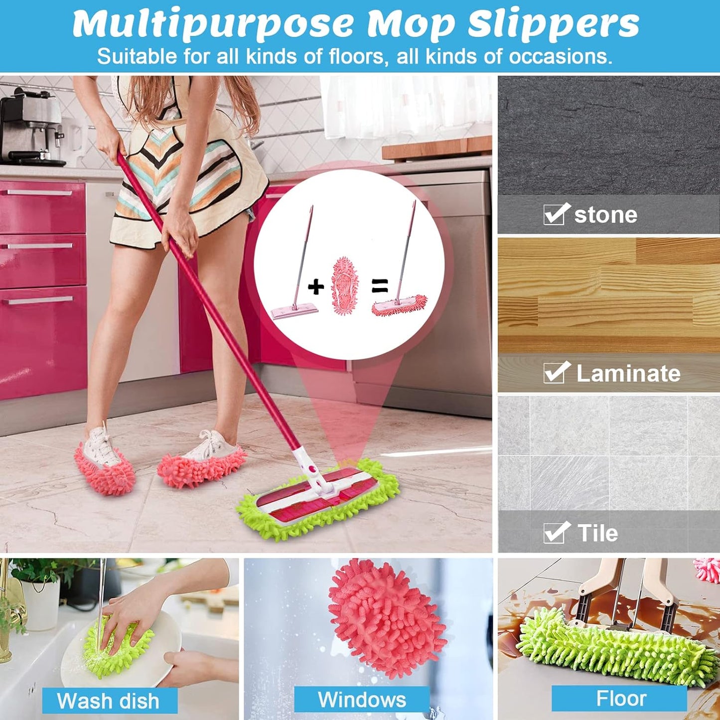 5-Pairs Mop Slippers Shoes for Floor Cleaning, 10 Pcs Washable Microfiber Shoes Cover Foot Dust Hair Cleaners Sweeping House Office Bathroom Kitchen Reusable Mops for Women