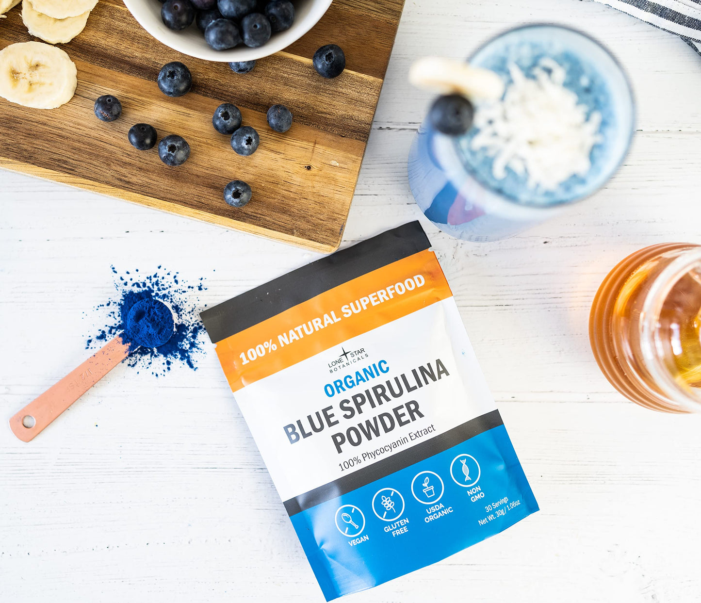 Organic Blue Spirulina Powder - 100% Pure Superfood, Blue-Green Algae, No Fishy Smell, Natural Food Coloring for Smoothies & Protein Drinks - Non GMO, Gluten-Free, Vegan + USDA Certified, 30 Servings