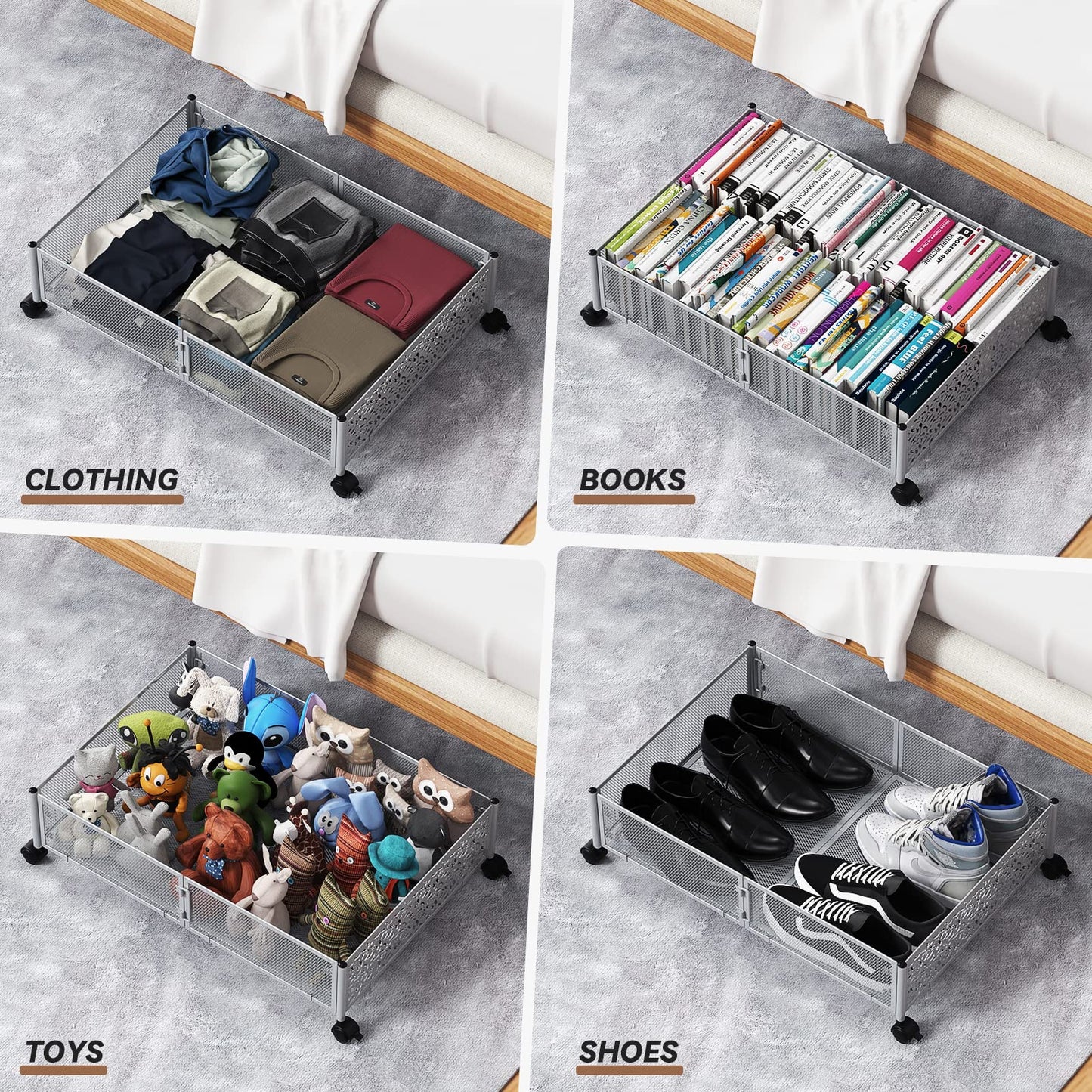 Under Bed Storage, Under the Bed Storage Containers with Wheels, Under Bed Shoe Storage Organizer Drawer, Tool-free Assembly Metal Underbed Storage Containers for Bedroom Clothes Shoes Blankets -2Pack