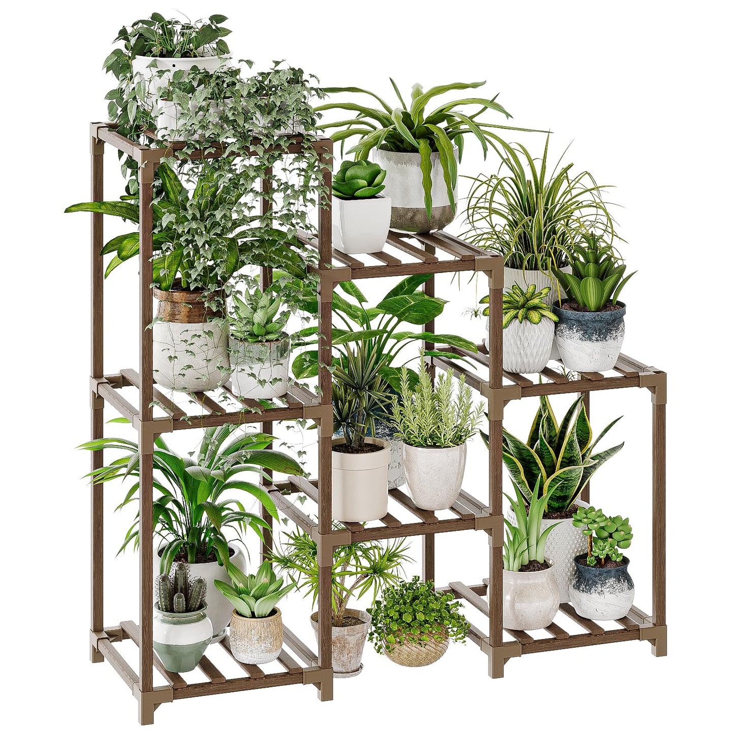 Bamworld Plant Stand with Wheels for Indoor Plants Wood Outdoor Tiered Shelf 3 Tire 7 Potted Ladder Plant Holder Table Pot Stand for Window Garden Balcony Patio Living Room (natureDL)