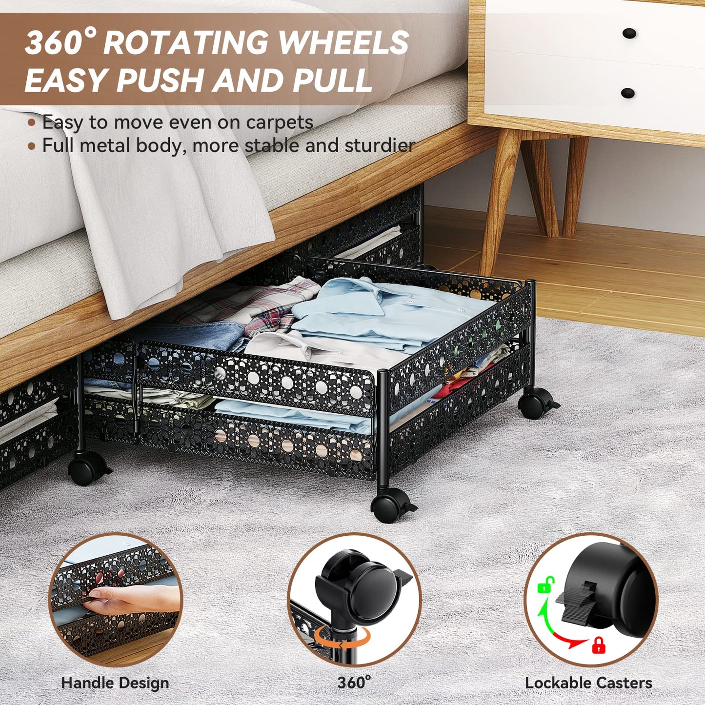 Under Bed Storage, Under the Bed Storage Containers with Wheels, Under Bed Shoe Storage Organizer Drawer, Tool-free Assembly Metal Underbed Storage Containers for Bedroom Clothes Shoes Blankets -2Pack